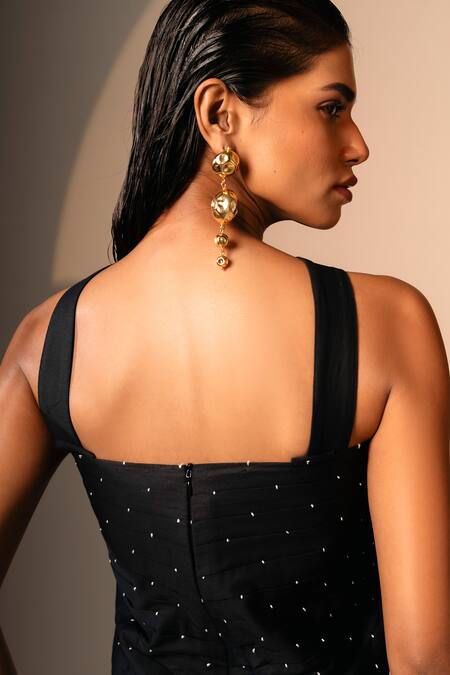 Karishma Kajaria_Black Cotton Embroidery Square Neck Hand Top With Pant _at_Aza_Fashions