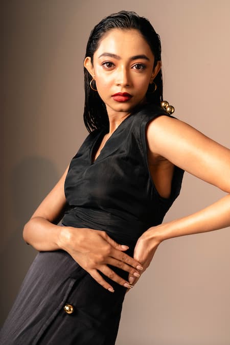 Buy_Karishma Kajaria_Black Silk, Cotton V-neck Plain Top With Button Detail Skirt _Online_at_Aza_Fashions