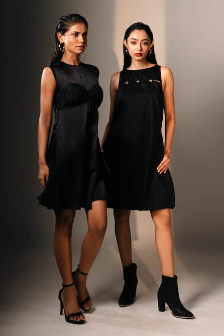 Buy_Karishma Kajaria_Black Satin, Cotton, Round Neck Solid Pleated Short Dress _Online_at_Aza_Fashions