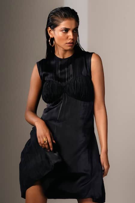 Shop Karishma Kajaria Black Satin, Cotton, Round Neck Solid Pleated Short Dress Online at Aza Fashions Shop_Karishma Kajaria_Black Satin, Cotton, Round Neck Solid Pleated Short Dress _Online_at_Aza_Fashions