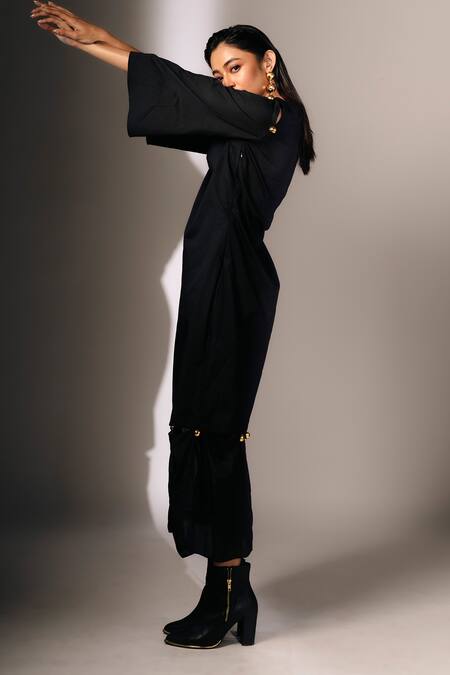 Karishma Kajaria_Black Silk, Cotton Round Neck Solid Straight Midi Dress _Online_at_Aza_Fashions