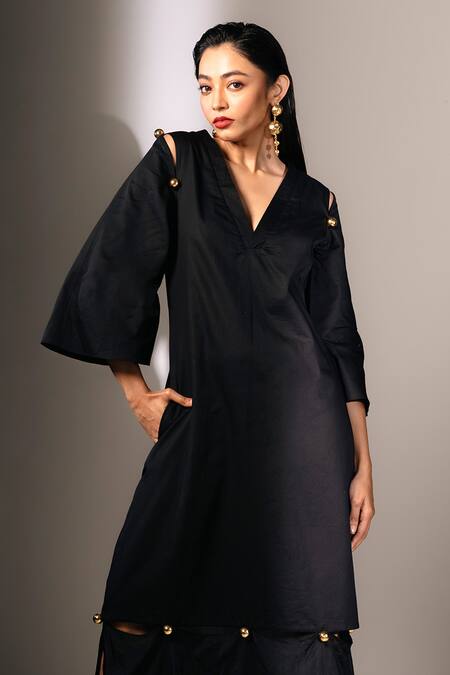 Buy Karishma Kajaria Black Silk, Cotton Round Neck Solid Straight Midi Dress Online at Aza Fashions Buy_Karishma Kajaria_Black Silk, Cotton Round Neck Solid Straight Midi Dress _Online_at_Aza_Fashions