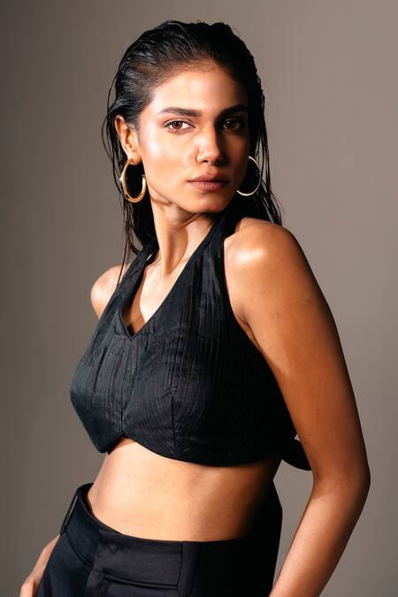 Karishma Kajaria_Black Hemp, Cotton Halter Neck Pleated Bustier _Online_at_Aza_Fashions