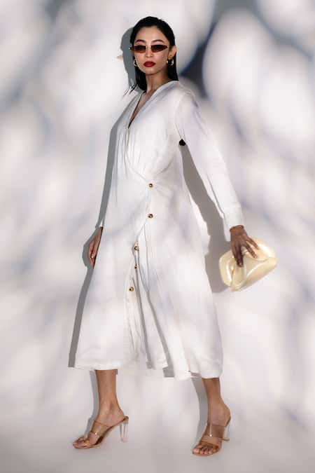 Karishma Kajaria_White Linen, Satin, Cotton V-neck Solid A-line Midi Dress _Online_at_Aza_Fashions