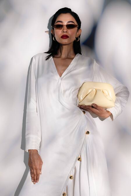 Buy_Karishma Kajaria_White Linen, Satin, Cotton V-neck Solid A-line Midi Dress _Online_at_Aza_Fashions