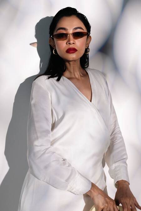 Shop_Karishma Kajaria_White Linen, Satin, Cotton V-neck Solid A-line Midi Dress _Online_at_Aza_Fashions
