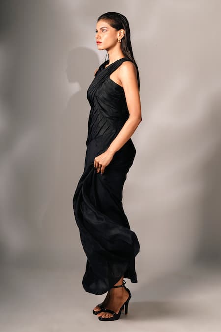 Buy_Karishma Kajaria_Black Silk, Cotton Halter Neck Pleated Long Dress _Online_at_Aza_Fashions