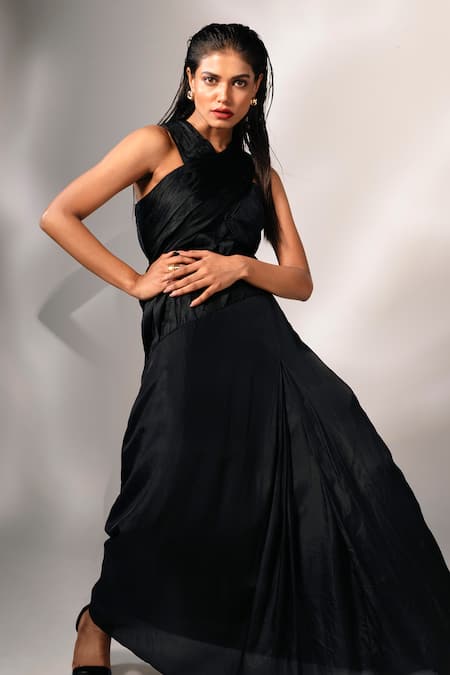 Shop_Karishma Kajaria_Black Silk, Cotton Halter Neck Pleated Long Dress _Online_at_Aza_Fashions