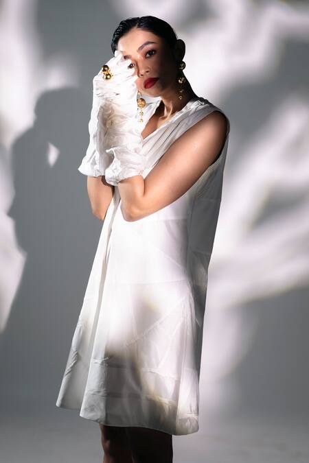 Buy_Karishma Kajaria_White , Satin, Silk Patchwork V-neck A-line Dress _Online_at_Aza_Fashions