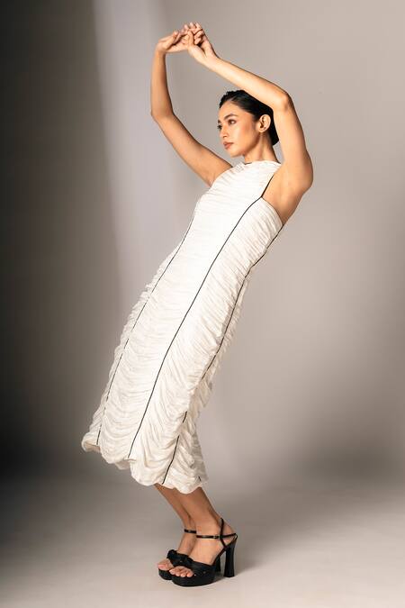 Shop_Karishma Kajaria_White Silk, Cotton Crew Neck Solid Pleated Midi Dress _Online_at_Aza_Fashions