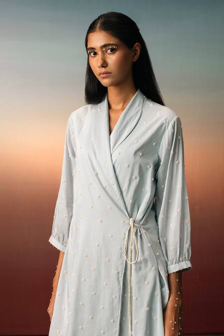 Karishma Kajaria_Blue Cotton, Silk Embroidery, Beads Collared Hand Kurta With Trouser _Online_at_Aza_Fashions