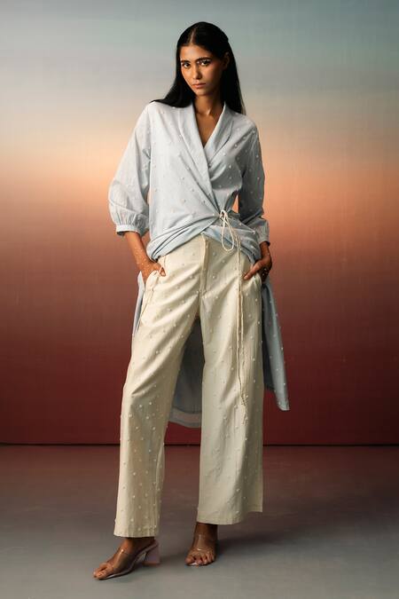 Shop_Karishma Kajaria_Blue Cotton, Silk Embroidery, Beads Collared Hand Kurta With Trouser _Online_at_Aza_Fashions