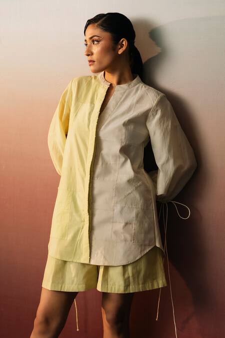 Karishma Kajaria_Green Cotton Beads Mandarin Collar Dual Tone Shirt _Online_at_Aza_Fashions