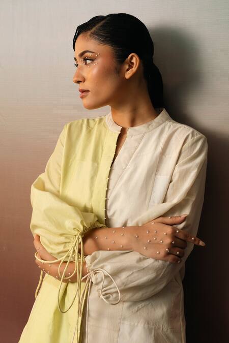Buy_Karishma Kajaria_Green Cotton Beads Mandarin Collar Dual Tone Shirt _Online_at_Aza_Fashions