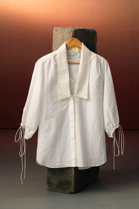 Karishma Kajaria_White Cotton Embroidery Collared Shirt _Online_at_Aza_Fashions