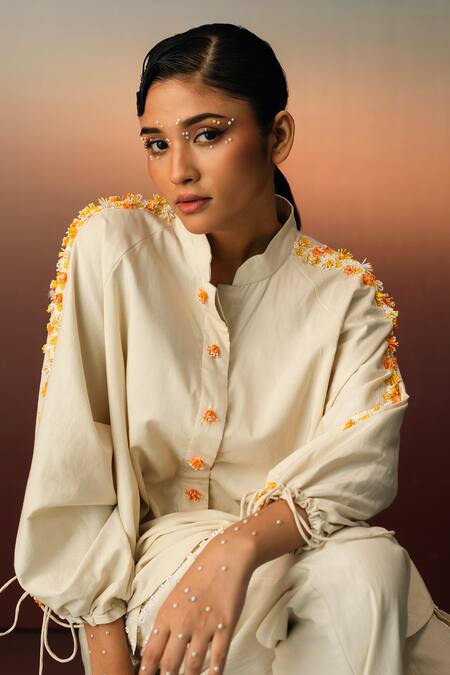 Karishma Kajaria_Beige Cotton Beads Collared Tassel Embroidered Shirt _Online_at_Aza_Fashions