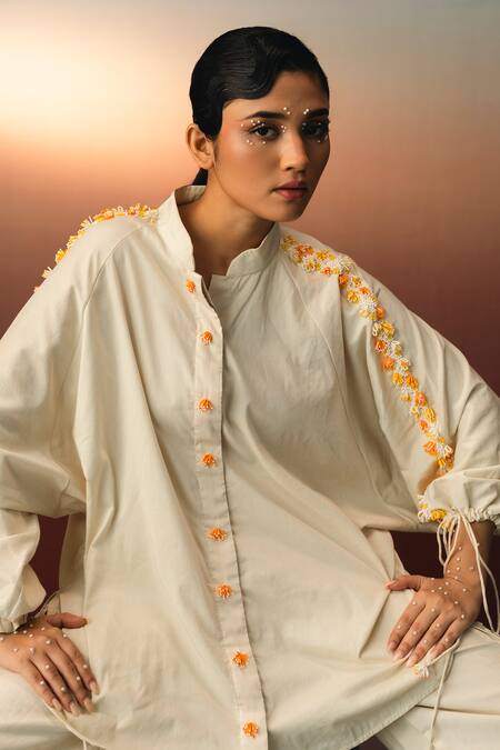 Buy_Karishma Kajaria_Beige Cotton Beads Collared Tassel Embroidered Shirt _Online_at_Aza_Fashions