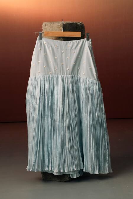 Karishma Kajaria_Blue Cotton, Silk Beads, Embroidery V-neck Daisy Top With Skirt _Online_at_Aza_Fashions
