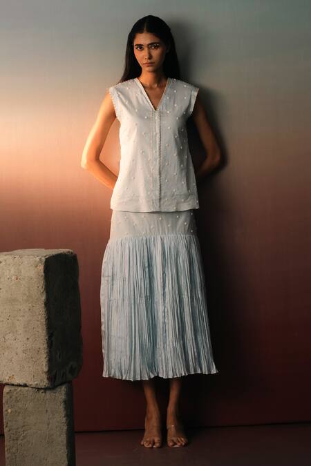 Buy_Karishma Kajaria_Blue Cotton, Silk Beads, Embroidery V-neck Daisy Top With Skirt _Online_at_Aza_Fashions