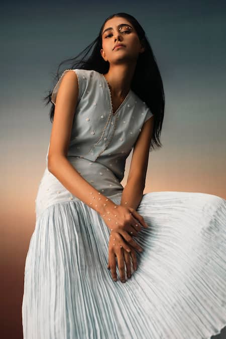 Shop_Karishma Kajaria_Blue Cotton, Silk Beads, Embroidery V-neck Daisy Top With Skirt _Online_at_Aza_Fashions