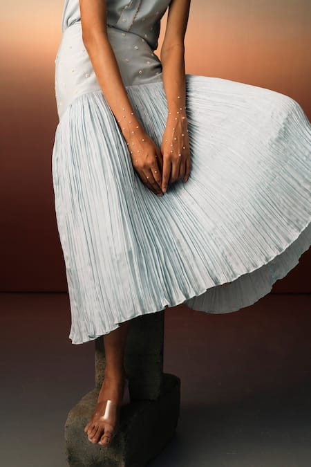 Karishma Kajaria_Blue Cotton, Silk Beads, Embroidery V-neck Daisy Top With Skirt _at_Aza_Fashions