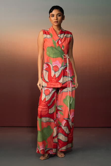 Karishma Kajaria Red Cotton Silk Print Floral V Collar Waistcoat Top With Trouser 