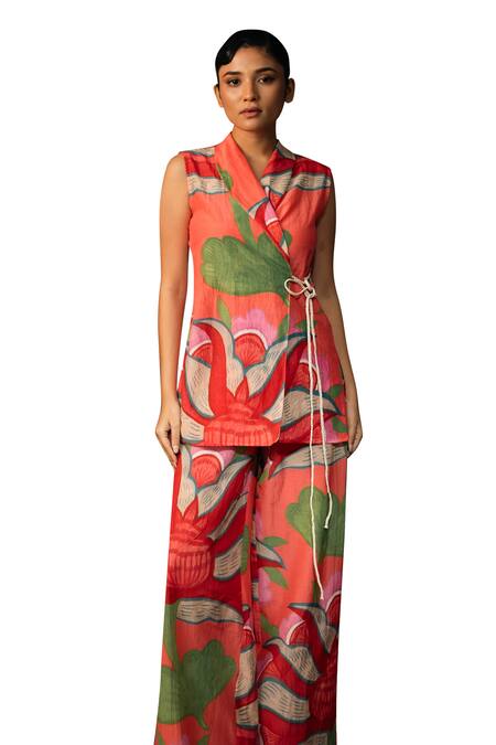 Buy Karishma Kajaria Red Cotton, Silk V-neck Floral Print Waistcoat Top With Trouser Online at Aza Fashions Buy_Karishma Kajaria_Red Cotton, Silk V-neck Floral Print Waistcoat Top With Trouser _Online_at_Aza_Fashions