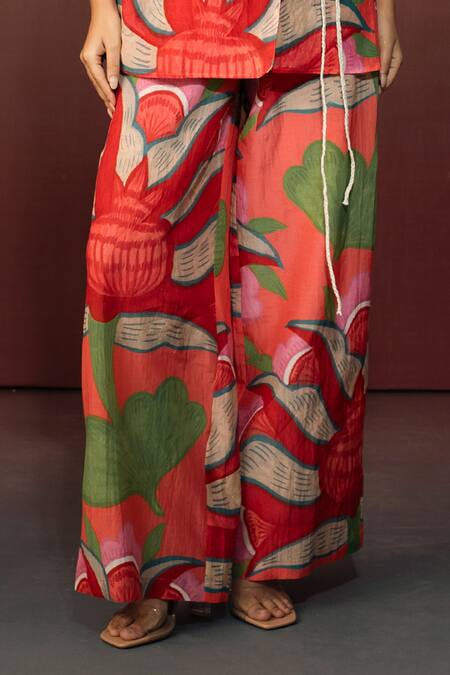 Shop Karishma Kajaria Red Cotton, Silk V-neck Floral Print Waistcoat Top With Trouser Online at Aza Fashions Shop_Karishma Kajaria_Red Cotton, Silk V-neck Floral Print Waistcoat Top With Trouser _Online_at_Aza_Fashions