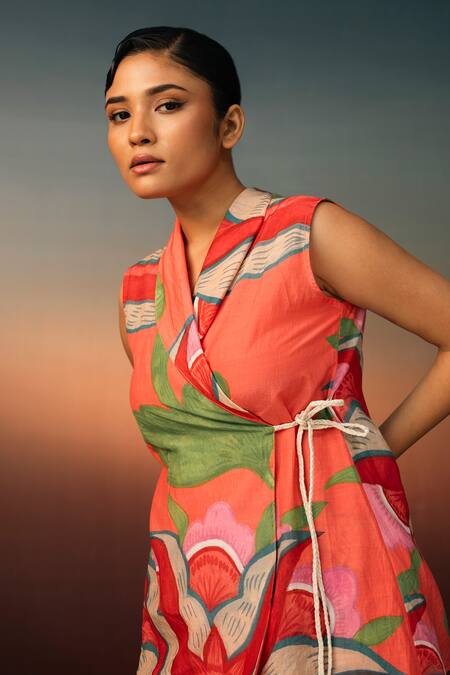 Karishma Kajaria_Red Cotton, Silk V-neck Floral Print Waistcoat Top With Trouser _at_Aza_Fashions