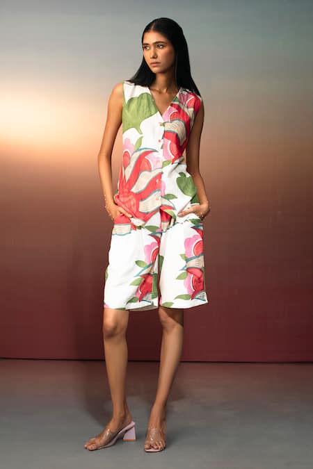 Karishma Kajaria Floral Print Waistcoat Top With Shorts 