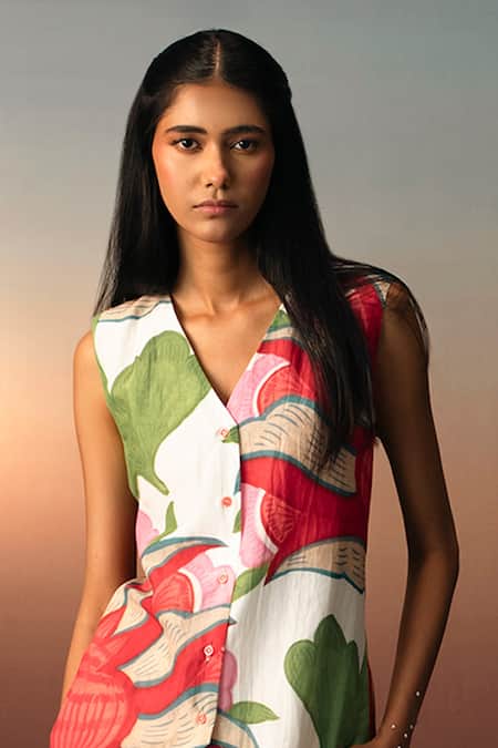 Buy_Karishma Kajaria_Red Cotton, Silk V-neck Floral Print Waistcoat Top With Shorts _Online_at_Aza_Fashions