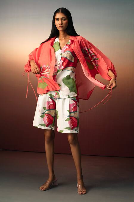 Karishma Kajaria_Red Cotton, Silk V-neck Floral Print Waistcoat Top With Shorts _at_Aza_Fashions