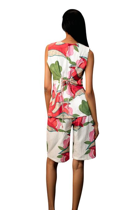 Shop_Karishma Kajaria_Red Cotton, Silk V-neck Floral Print Waistcoat Top With Shorts 