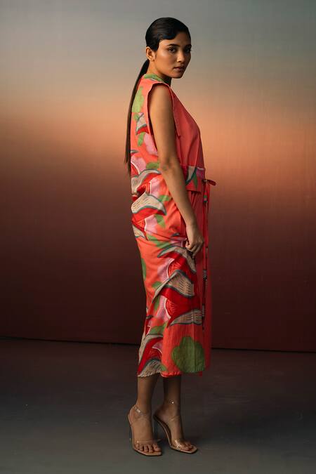 Shop_Karishma Kajaria_Red Cotton, Silk Collared Floral Blossom Print Dress _Online_at_Aza_Fashions