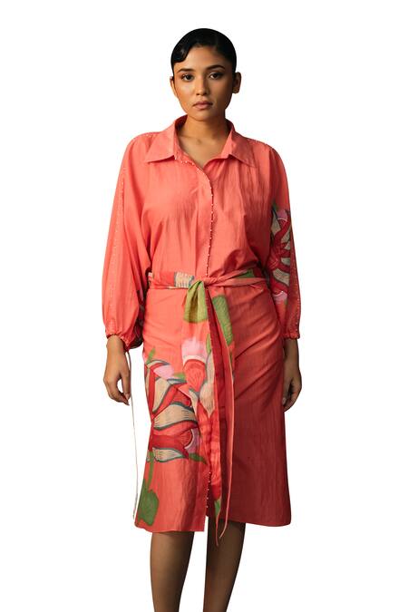 Karishma Kajaria_Red Cotton, Silk Embroidery Collared Floral Blossom Print Midi Dress _Online_at_Aza_Fashions