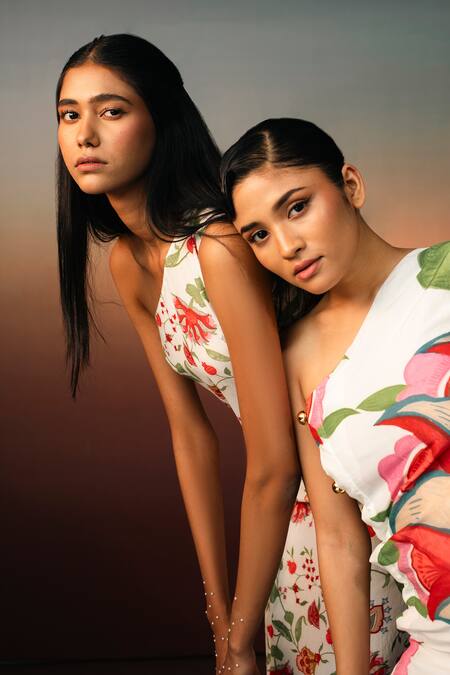 Karishma Kajaria_White Cotton, Silk Asymmetric Flower Garden Print Dress _Online_at_Aza_Fashions