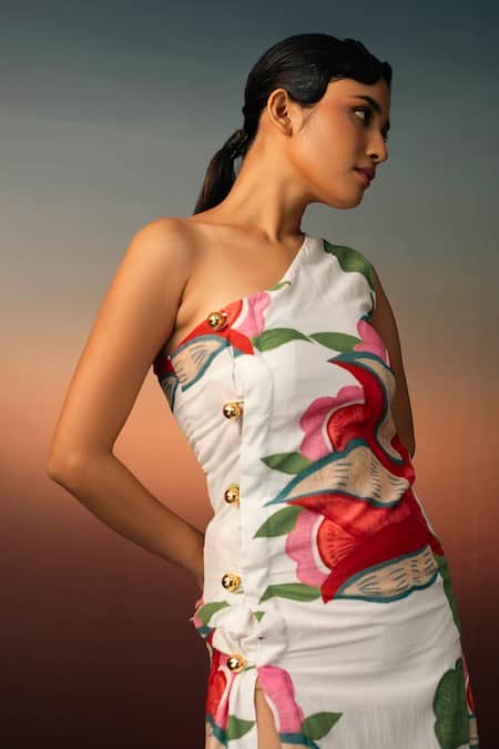 Buy_Karishma Kajaria_White Cotton, Silk Asymmetric Flower Garden Print Dress _Online_at_Aza_Fashions