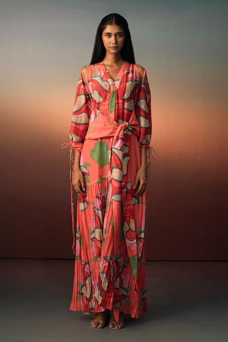 Karishma Kajaria Red Cotton Silk Print Floral V Neck Flower Garden Maxi Dress 