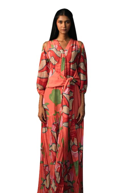 Karishma Kajaria_Red Cotton, Silk V-neck Flower Garden Print Maxi Dress _Online_at_Aza_Fashions