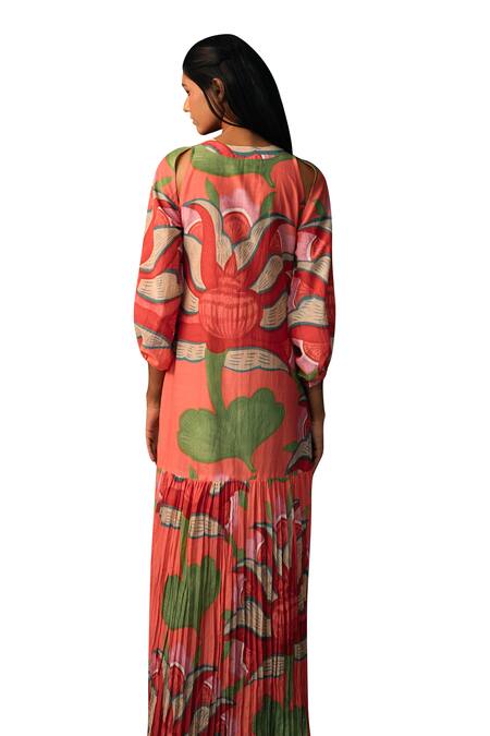 Buy_Karishma Kajaria_Red Cotton, Silk V-neck Flower Garden Print Maxi Dress _Online_at_Aza_Fashions