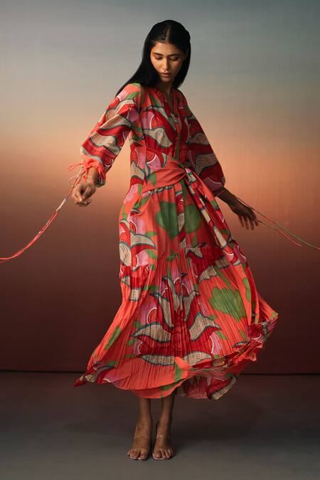 Shop_Karishma Kajaria_Red Cotton, Silk V-neck Flower Garden Print Maxi Dress _Online_at_Aza_Fashions