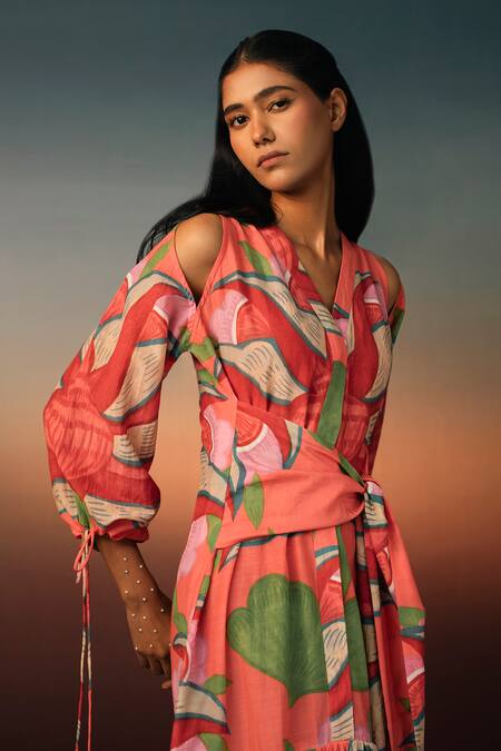 Karishma Kajaria_Red Cotton, Silk V-neck Flower Garden Print Maxi Dress _at_Aza_Fashions