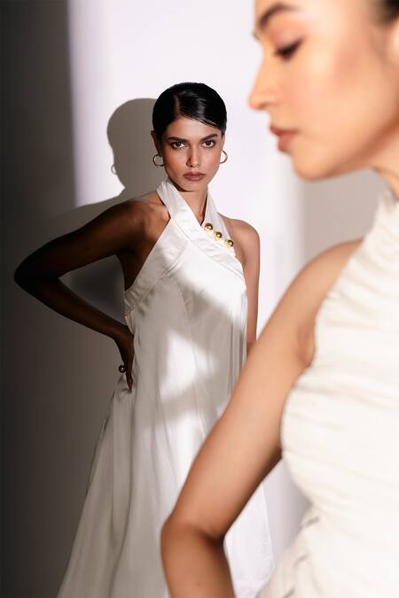 Karishma Kajaria_White Silk Satin Halter Neck Assymetric Dress _Online_at_Aza_Fashions