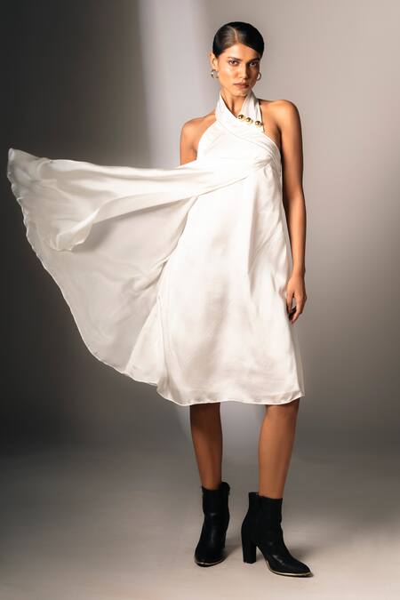 Buy_Karishma Kajaria_White Silk Satin Halter Neck Assymetric Dress _Online_at_Aza_Fashions