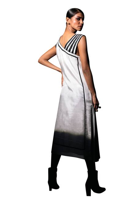 Karishma Kajaria Black Silk Asymmetric Stripe A-line Dress Online at Aza Fashions Karishma Kajaria_Black Silk Asymmetric Stripe A-line Dress _Online_at_Aza_Fashions