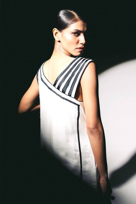 Buy_Karishma Kajaria_Black Silk Asymmetric Stripe A-line Dress _Online_at_Aza_Fashions