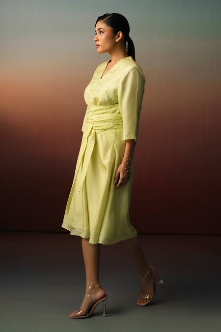 Karishma Kajaria_Green Cotton, Silk Pearls V-neck Floral Embroidered Dress _Online_at_Aza_Fashions