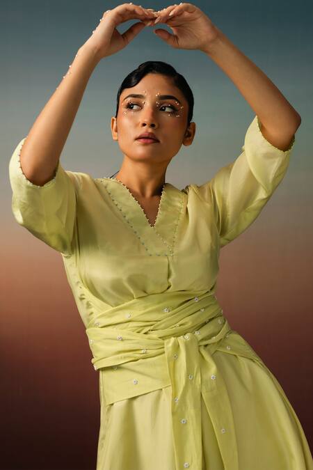 Buy_Karishma Kajaria_Green Cotton, Silk Pearls V-neck Floral Embroidered Dress _Online_at_Aza_Fashions