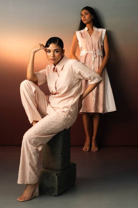 Karishma Kajaria_Pink Cotton, Silk Pearls, Embroidery Collared Floral Shirt With Pant _Online_at_Aza_Fashions