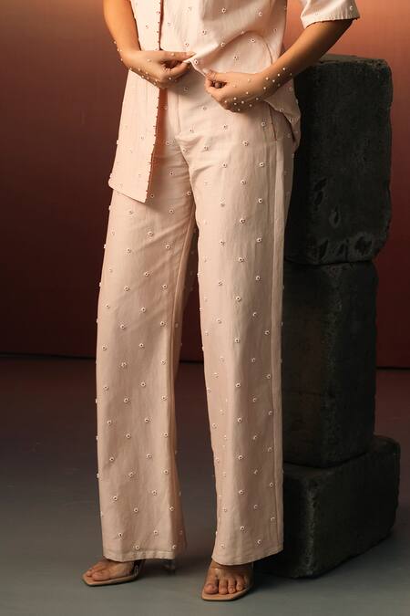 Buy_Karishma Kajaria_Pink Cotton, Silk Pearls, Embroidery Collared Floral Shirt With Pant _Online_at_Aza_Fashions